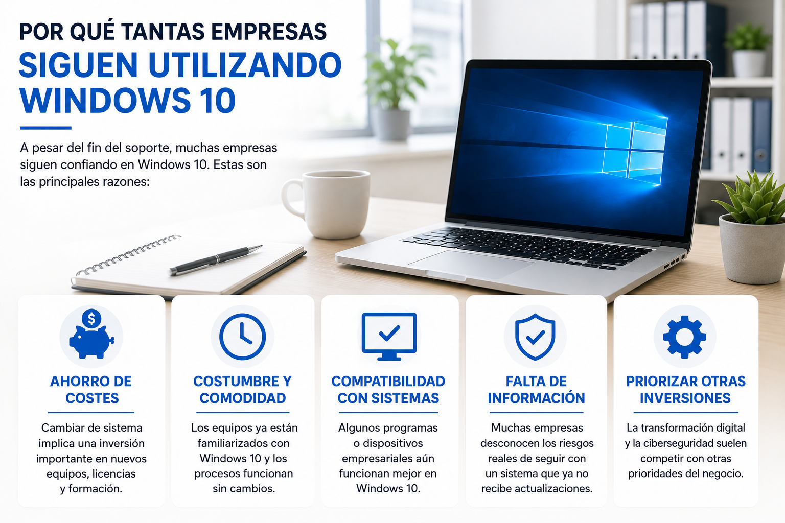Principales motivos por los que muchas empresas siguen utilizando Windows 10 Oficina moderna con portátil mostrando Windows 10 e infografía sobre las razones por las que muchas empresas continúan utilizando este sistema operativo