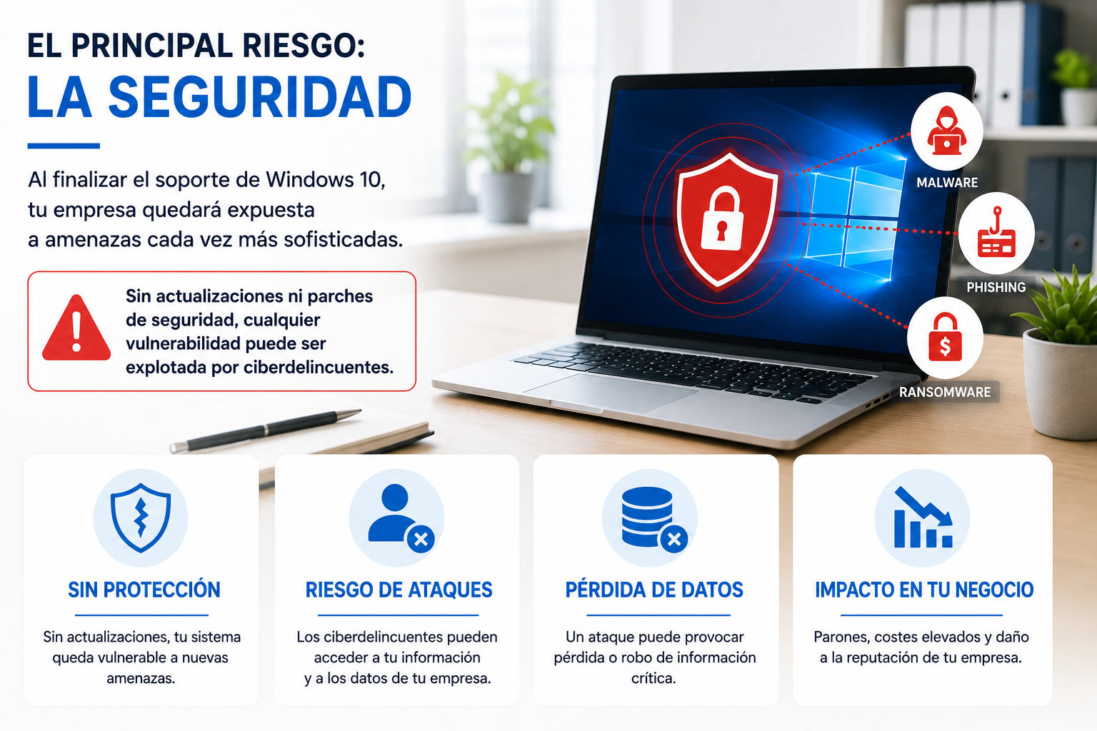 Los riesgos de seguridad de seguir utilizando Windows 10 sin soporte Portátil con Windows 10 y símbolos de ciberseguridad representando malware, phishing y ransomware tras el fin del soporte oficial