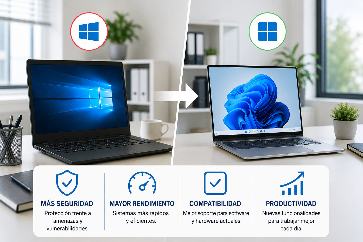 Actualizar a Windows 11 o renovar equipos: opciones para las empresas Comparativa entre equipos con Windows 10 y Windows 11 en una oficina moderna mostrando la transición tecnológica en empresas