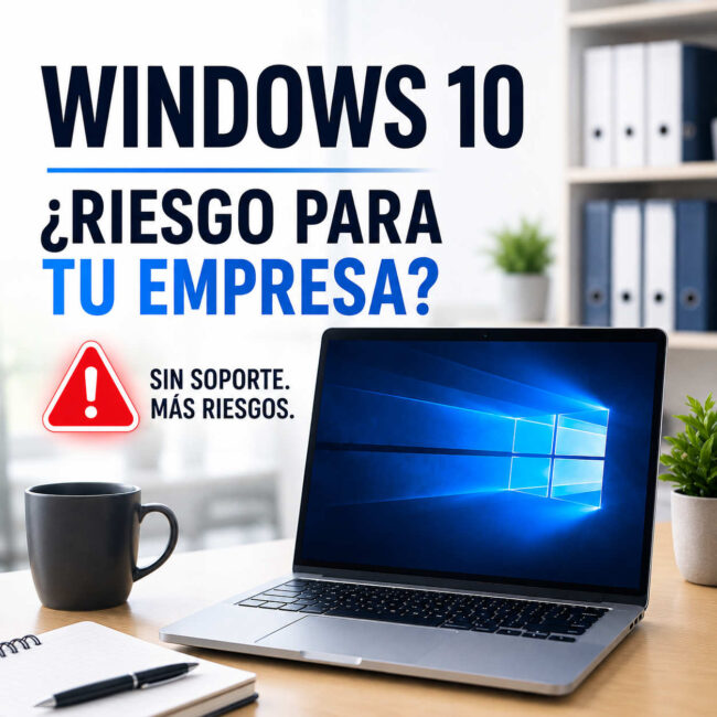 Imagen destacada sobre los riesgos de seguir utilizando Windows 10 en empresas, con portátil mostrando Windows 10 y aviso de seguridad relacionado con el fin del soporte oficial