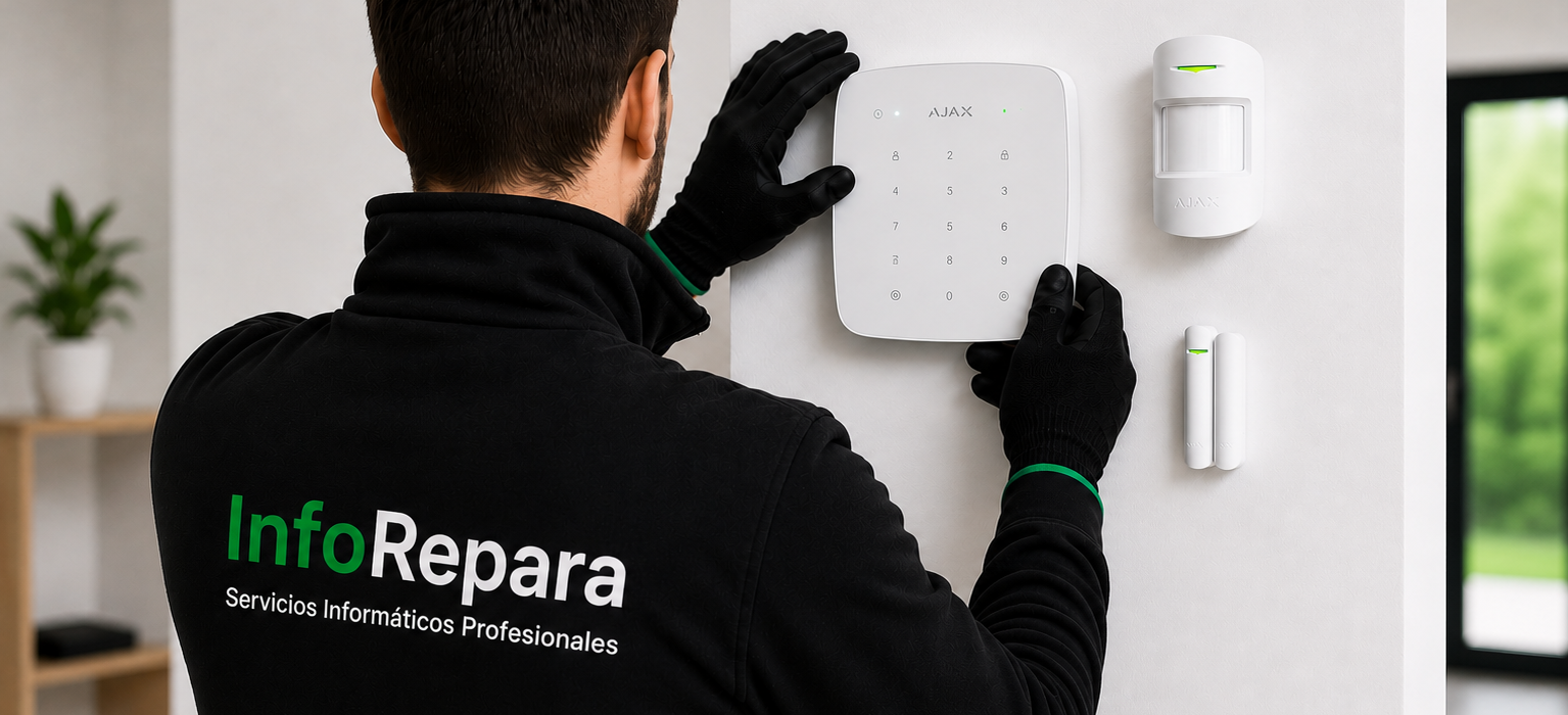 Técnico de InfoRepara instalando y configurando un sistema de alarma Ajax con teclado, detector de movimiento y contacto magnético en una vivienda o empresa