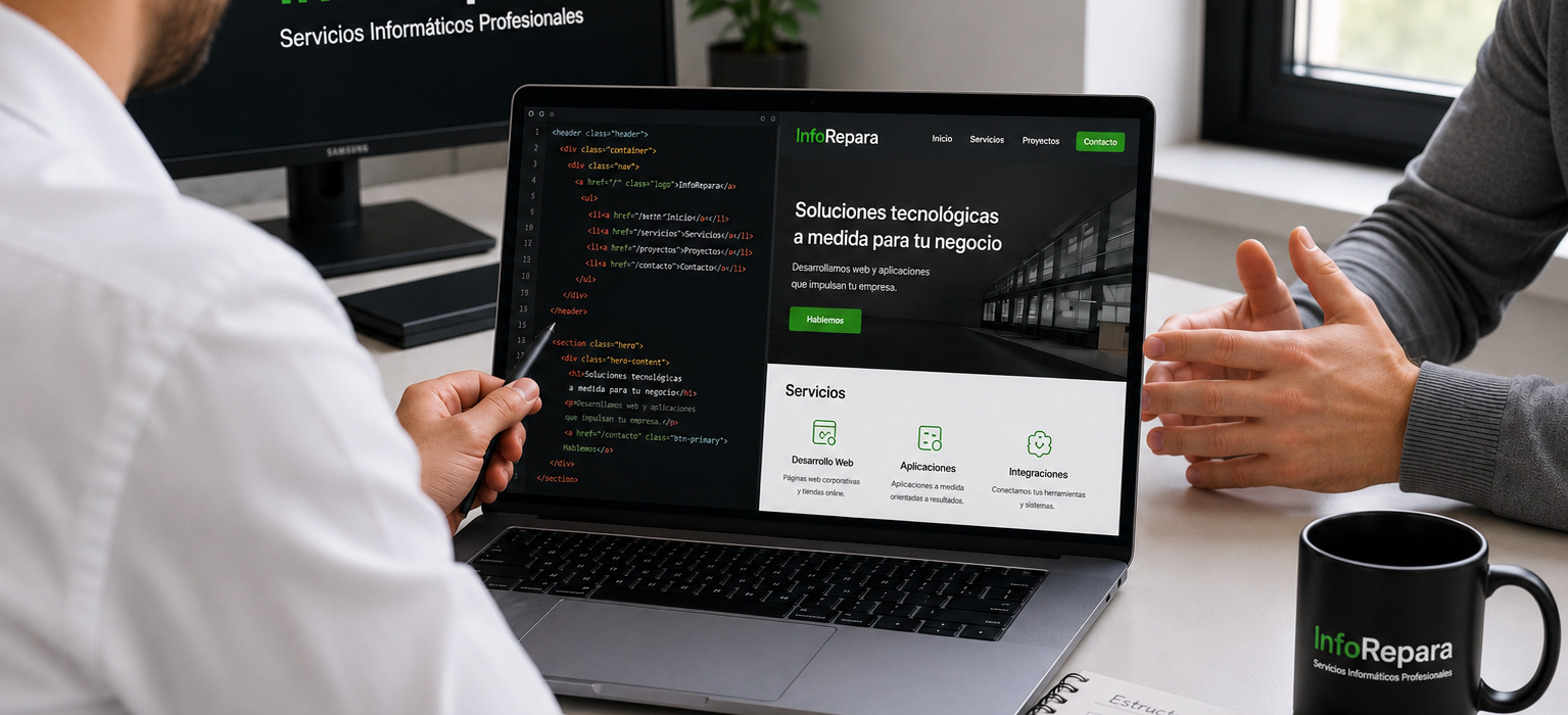 Desarrollador web de InfoRepara revisando con un cliente el diseño y desarrollo de una página web personalizada para su empresa