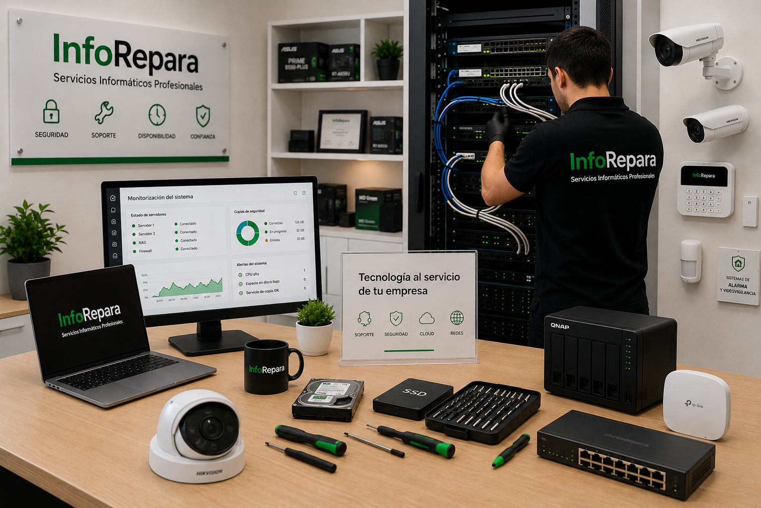 Técnico de InfoRepara realizando mantenimiento de servidores y redes en una oficina con soluciones de videovigilancia, alarmas, copias de seguridad y soporte informático para empresas en Vitoria-Gasteiz