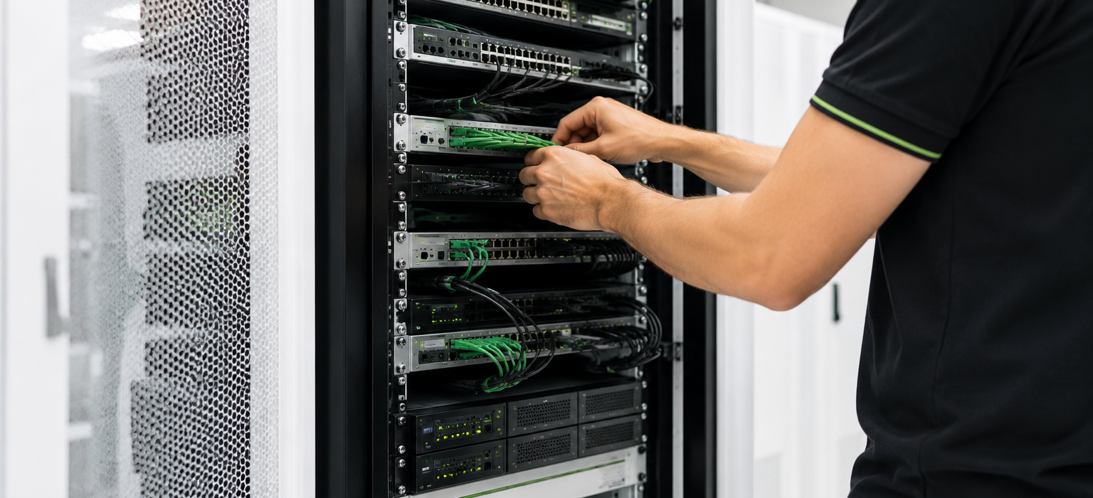 Técnico realizando la instalación y configuración de un armario rack con servidores, switches y cableado estructurado para una infraestructura informática empresarial