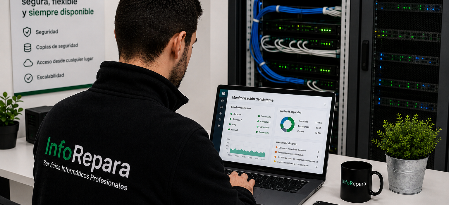 Técnico de InfoRepara supervisando la infraestructura informática de una empresa desde un portátil frente a un rack de servidores para realizar tareas de mantenimiento y monitorización
