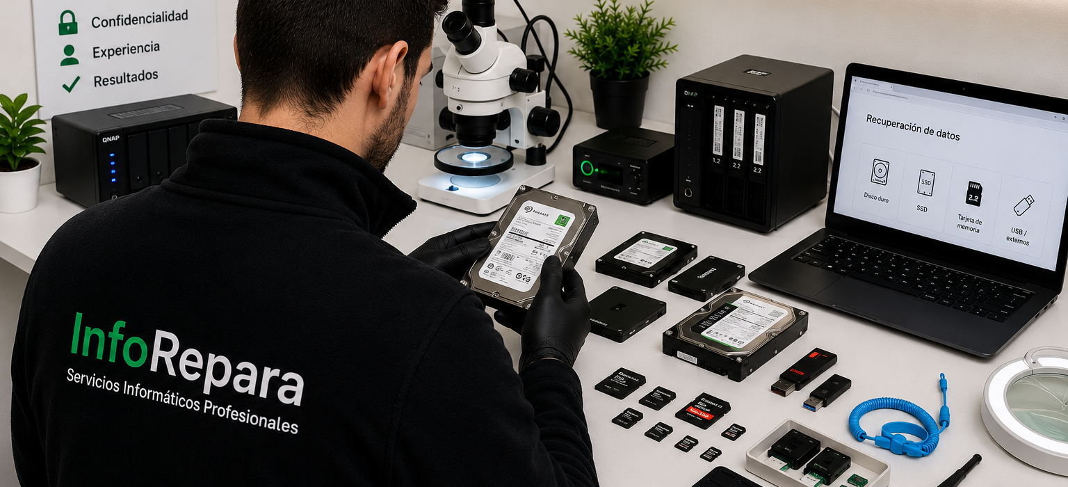 Técnico de InfoRepara analizando un disco duro para la recuperación de datos en un laboratorio profesional con discos HDD, SSD, memorias USB y tarjetas de memoria