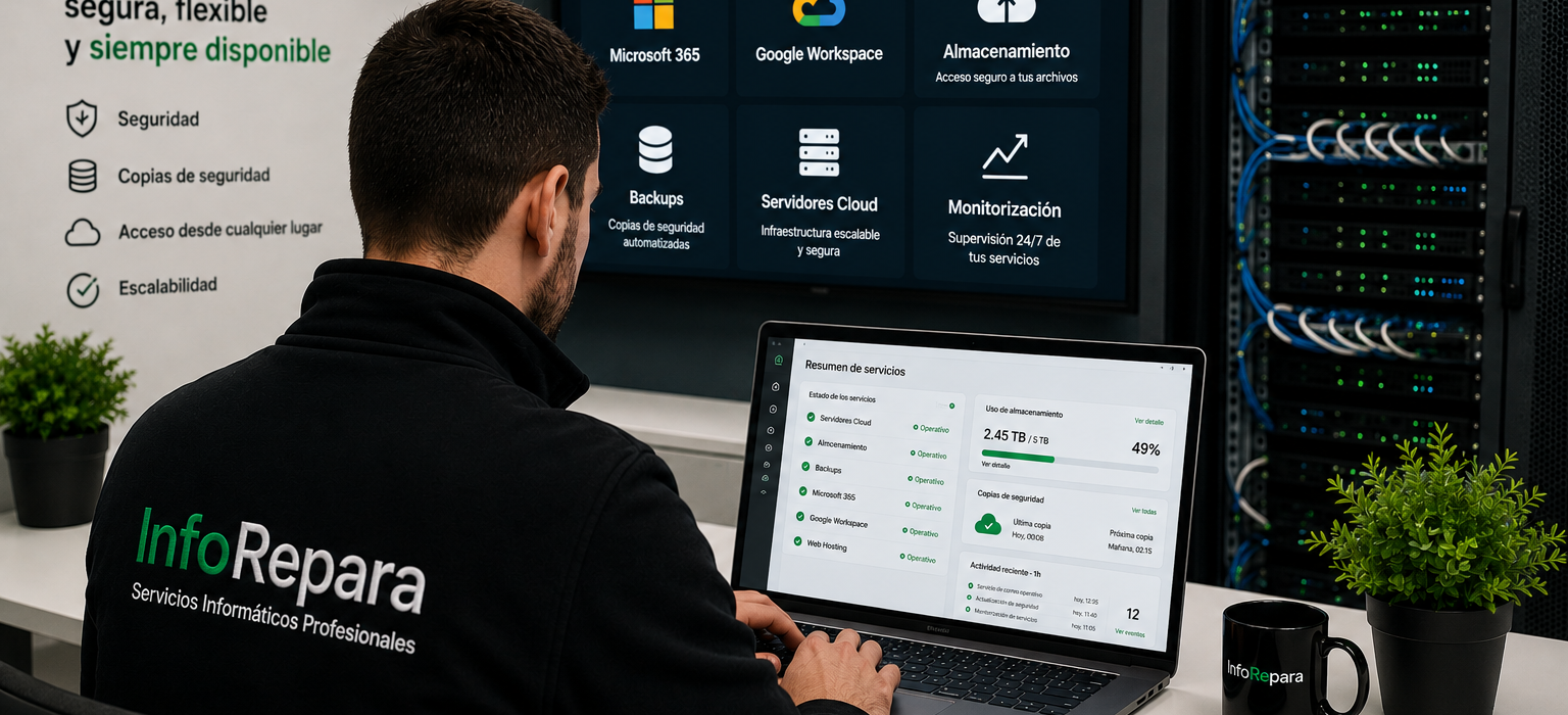 Soluciones cloud de InfoRepara con Microsoft 365, copias de seguridad, almacenamiento en la nube e infraestructura cloud para empresas