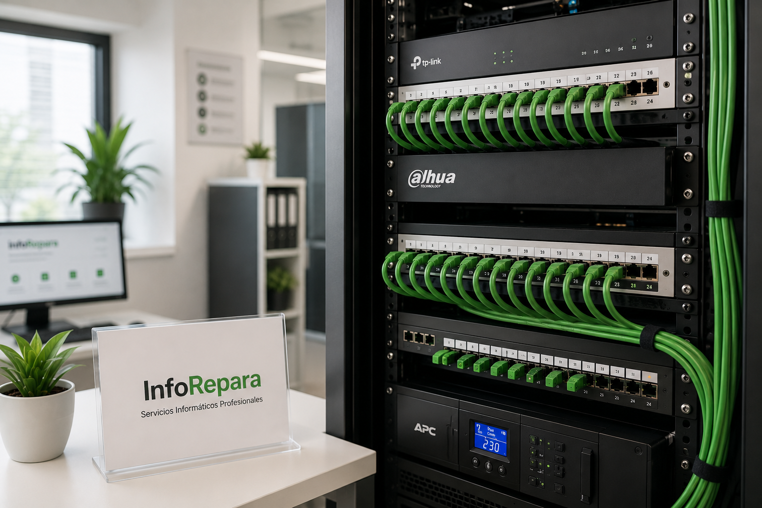 Rack de comunicaciones con cableado estructurado y equipos de red profesionales para una infraestructura informática empresarial