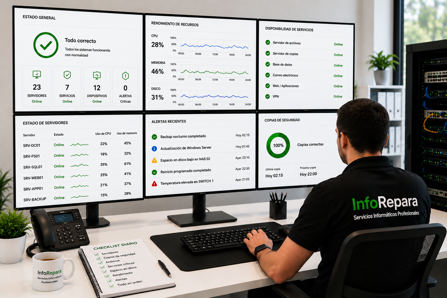 Servicio de mantenimiento informático con monitorización en tiempo real de servidores, redes, copias de seguridad y servicios críticos para empresas
