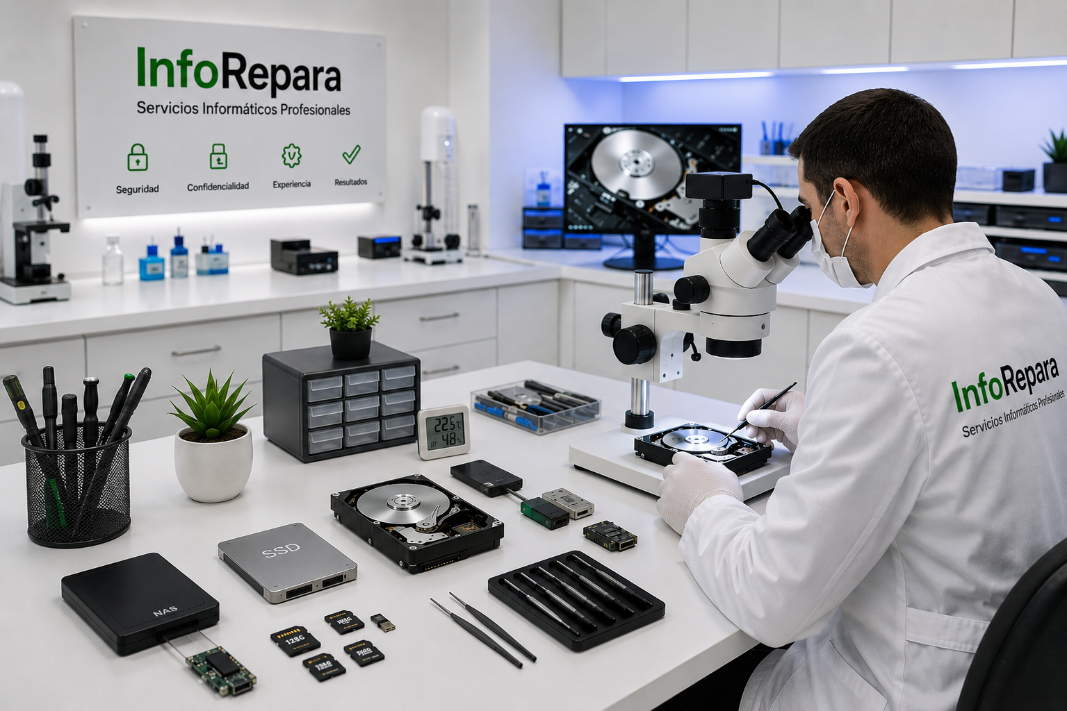 Servicio profesional de recuperación de datos en discos duros, SSD, NAS, RAID y tarjetas de memoria mediante técnicas especializadas en laboratorio