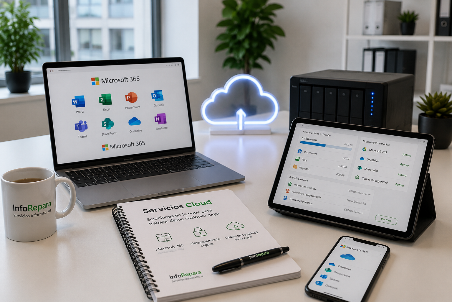 Soluciones cloud de InfoRepara con Microsoft 365, copias de seguridad, almacenamiento en la nube e infraestructura cloud para empresas