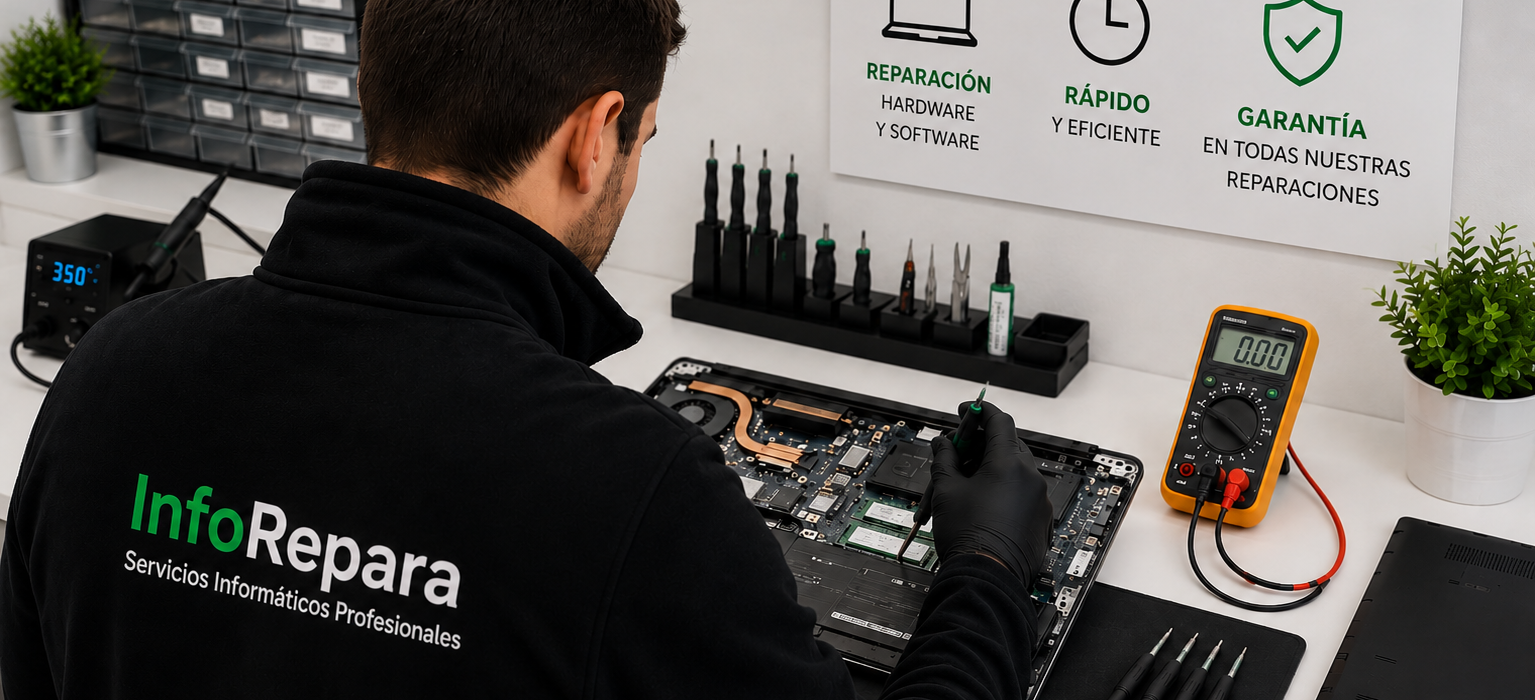 Taller de InfoRepara especializado en la venta, reparación y mantenimiento de ordenadores, portátiles y componentes informáticos