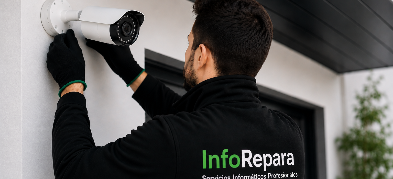 Técnico de InfoRepara instalando una cámara de videovigilancia IP en las instalaciones de una empresa para mejorar la seguridad y el control de accesos